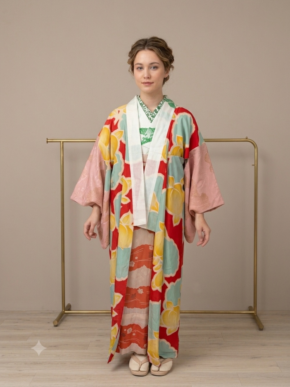 Women's Floral Kimono Jacket - Pink, Red & Yellow - VINTAGE HANDSEWN